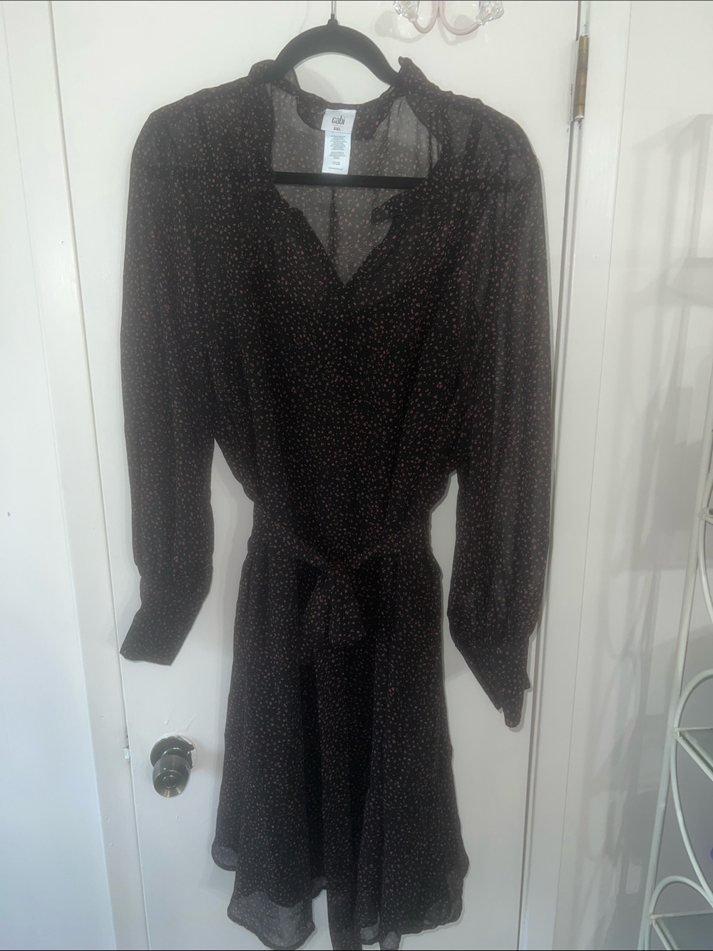 CAbi Black Sheer Long-Sleeve Tie-Waist Polka Dot Dress